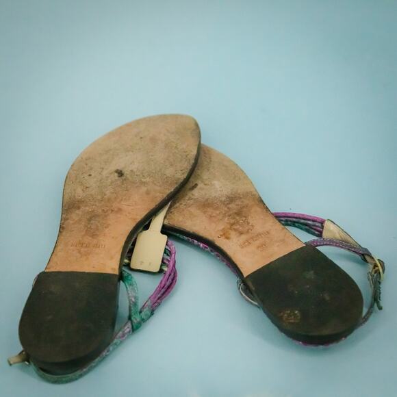 Jimmy Choo 39 Size 9 Green Purple Neon Fish Fife Leather T Strap Thong Sandals - Picture 8 of 8